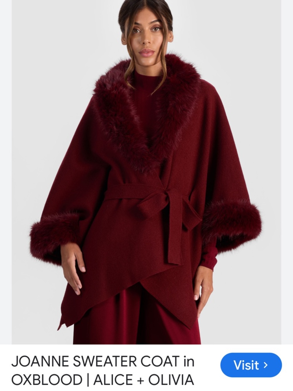 NWT Alice + Olivia Oxblood Faux-Fur Trim Wrap Sweater Jacket  in Oxblood Color